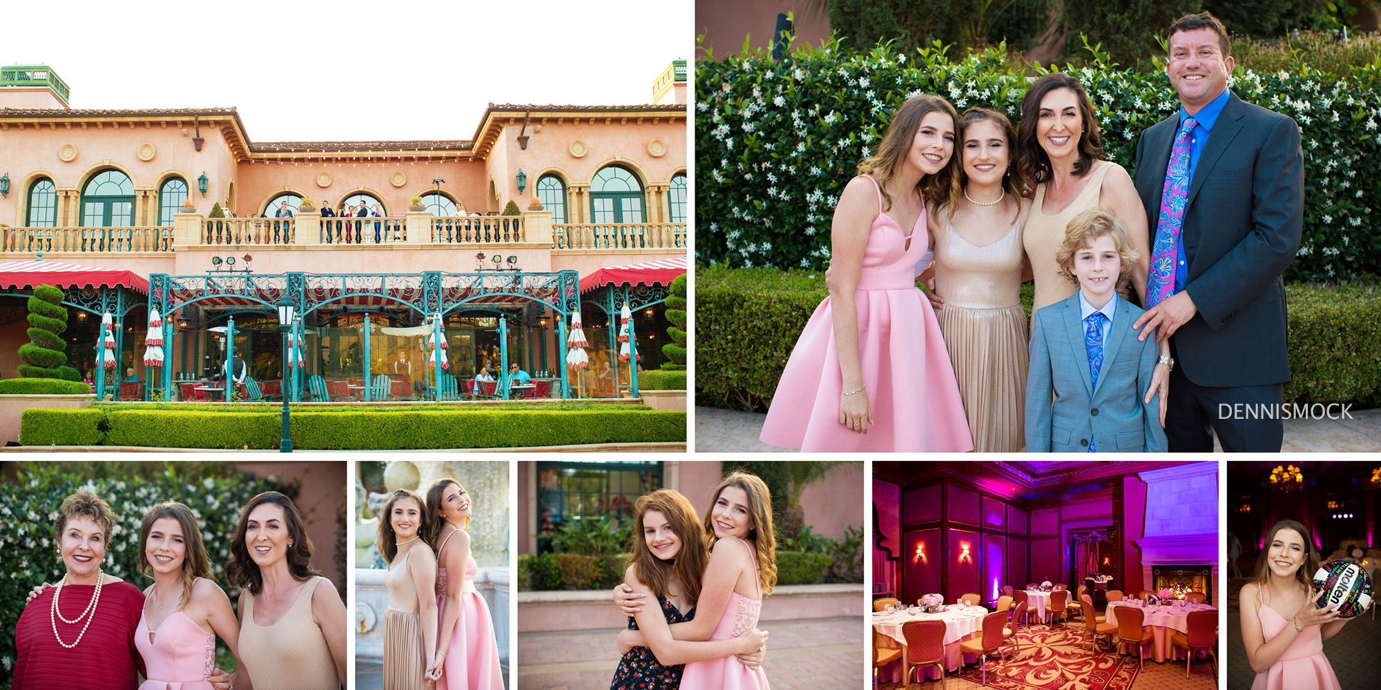 Family portaits at Bat Mitzvah party at the Fairmount Grand Del Mar in San Diego, Love the architecture, and gardens. Photo by Dennis Mock 