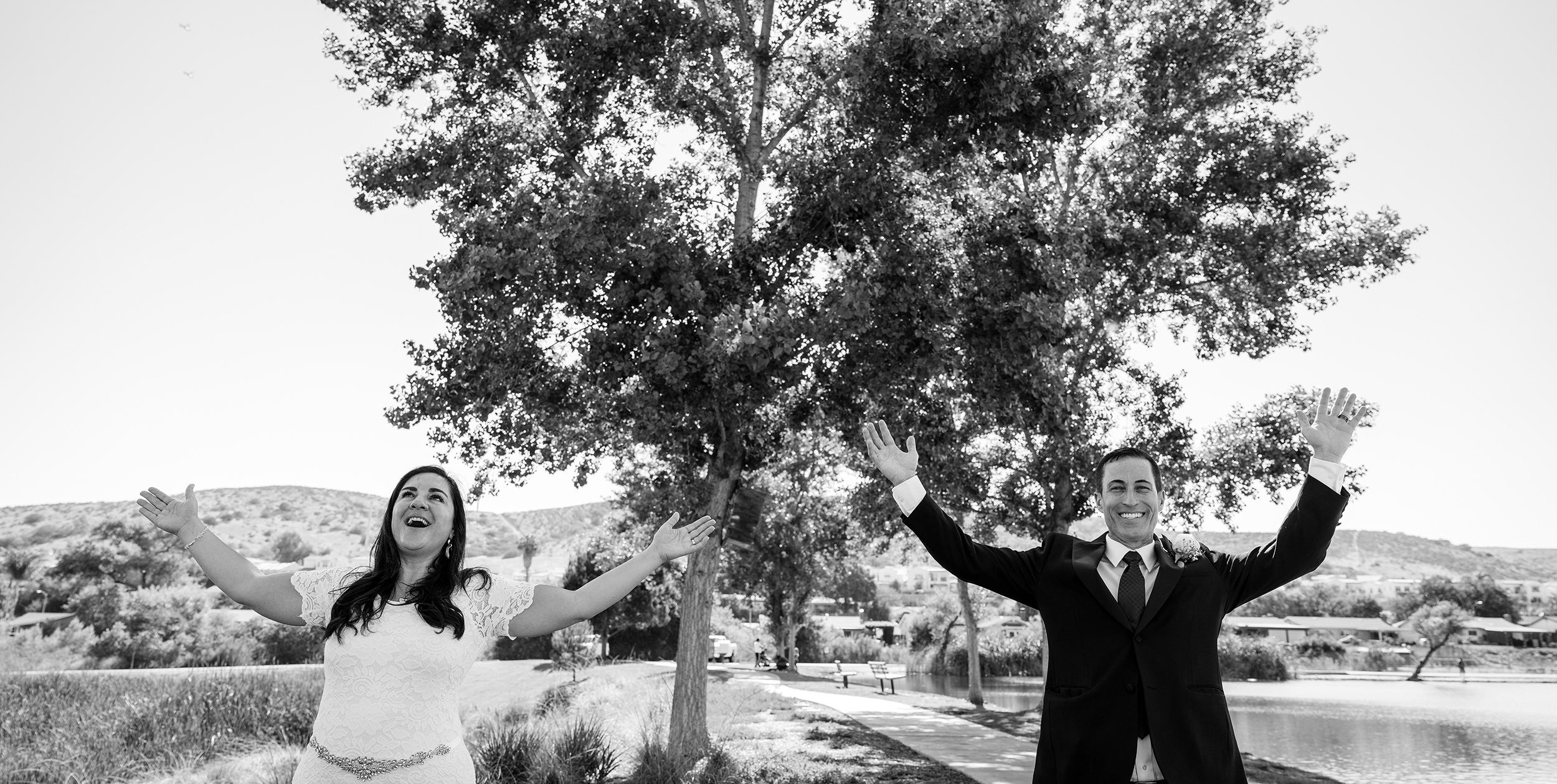 Having fun photos at your Santee, California  civil ceremony wedding . Picture is in black-and-white 